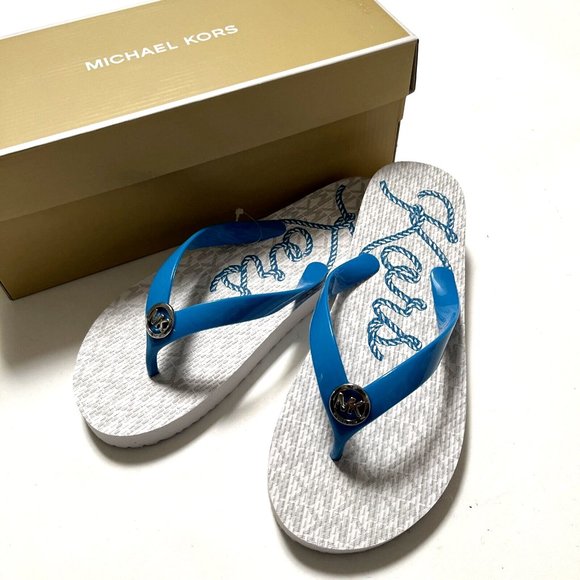 NWB MICHAEL KORS Signature Logo Rope Flip-Flop Slide On Thong White Blue - Picture 1 of 8